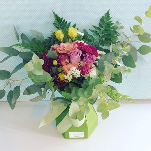 Berri-licious is made into a card vase arrangement with beautiful blooms in pinks and a touch of lilac/purple - A Touch of Class Florist Perth