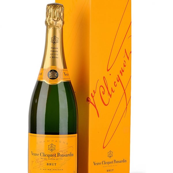 a 750ml bottle of veurve cliquot french champagne