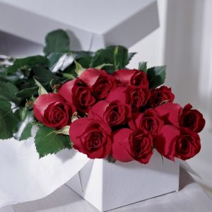 a white presentation box filled with 12 long stem red roses