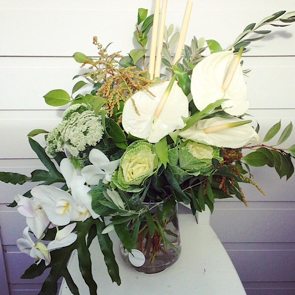 Glass Vase arrangement in white and green- A Touch of Class Florist