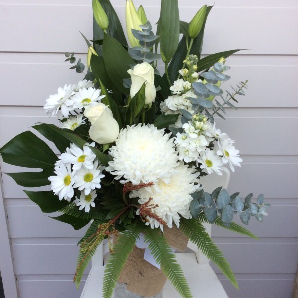 Simplicity Vase Arrangement is a tall and front facing vase arrangement in classic white and green tones - A touch of Class Florist Perth