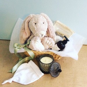 Babys Bunny Bundle Hamper contains a beautiful plush bunny for baby and a number of loverly items for the new Mum - A Touch of Class Florist