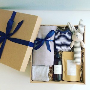 Baby Box in Blues is a stylish baby hamper with lovely treats for the new little one - A Touch of Class Florist Perth