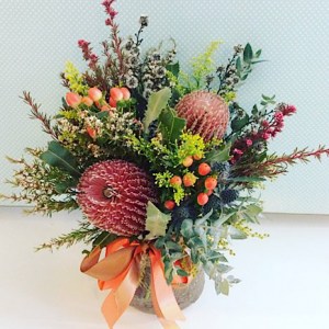 Into The Wild Posy Arrangement, a short posy arrangement of native and native inspired wildflowers in a glass posy vase - A Touch of Class Florist Perth