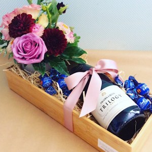 Just for you - Love Edition Wooden box with fresh flower arrangement, sparkling wine and some chocolates - A Touch of Class Florist Perth