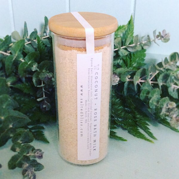 Coconut and Rose Bath Salts - Salted Bliss is a glass jar of bath salts from local Perth Company Salted Bliss - A Touch of Class Florist Perth
