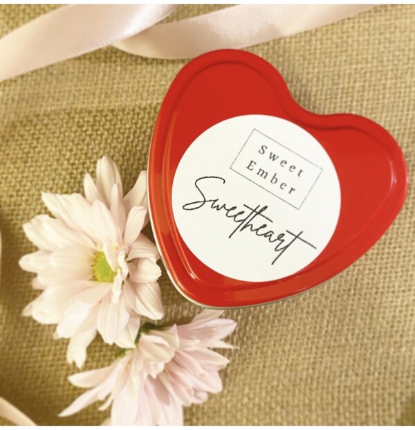 Sweet Ember Candle in Cherry Blossom Scent presented in Red heart Shaped tin