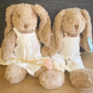 Mr and Mrs honey Bunny by Nana Huchy. Comes dressed in either a linen smock or dungarees if you have a preference please let us know.