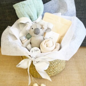 Mini Aussie Baby Hamper in Neutrals is a newborn baby hamper with a couple of gifts for Mum too!