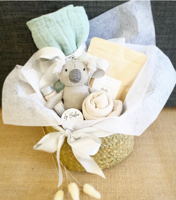 Mini Aussie Baby Hamper in Neutrals is a newborn baby hamper with a couple of gifts for Mum too!