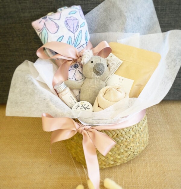 Mini Aussie Baby Hamper in Pinks is a newborn baby hamper with a couple of gifts for Mum too!